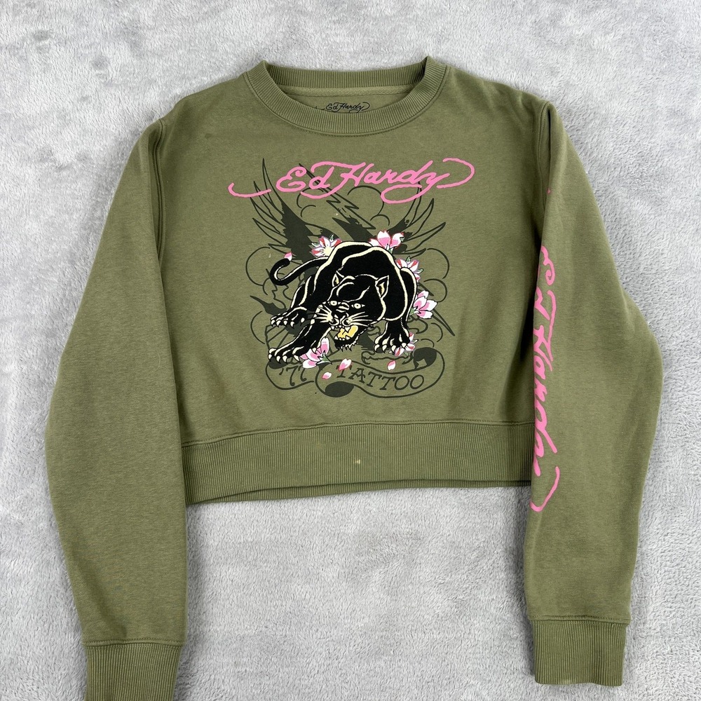 Ed Hardy Panther Tattoo Graphic Cropped Sweatshirt M Green Women Y2K Streetwear